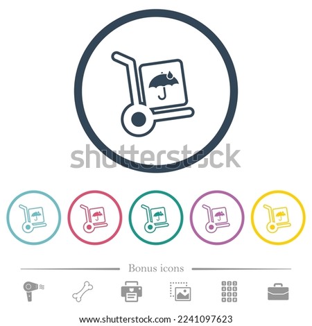not waterproof parcel delivery outline flat color icons in round outlines. 6 bonus icons included.