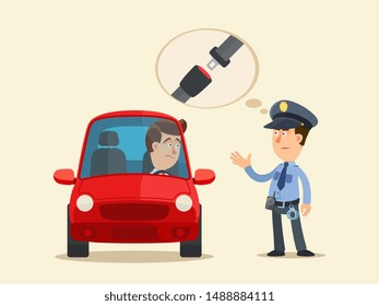 No usar cinturón de seguridad - infracción. El oficial de policía envía una amonestación al conductor, un hombre que no lleva puesto el cinturón de seguridad. Ilustración vectorial, diseño plano estilo caricatura. Fondo aislado.