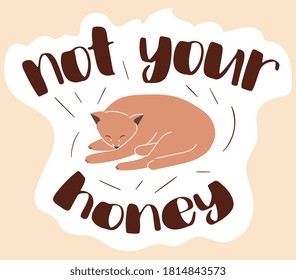 Not Your Honey girl power poster design with sleeping cat and text, colored vector illustration