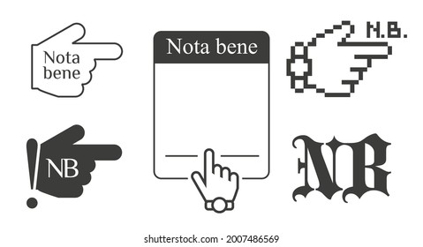 Nota bene latin phrase black icons. Forefinger and empty text box. Hand cursor with wristwatch. Isolated vector illustration.