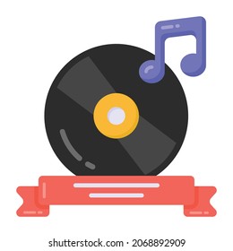 Nota and disk with ribbon denoting flat icon of musical disk 