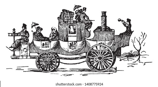 Notable Coach invented around 1829 by a man named James and was the first practical steam carriage build, vintage line drawing or engraving illustration.