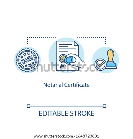 Notarial certificate concept icon. Notarization for official papers. Confirmation form. Common law document idea thin line illustration. Vector isolated outline RGB color drawing. Editable stroke