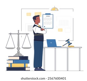 Notarial office concept. Man near judge scales. Legal support of deals. Justice and judgement. Contract, certificate and agreement. Jurisprudence and law. Linear vector illustration