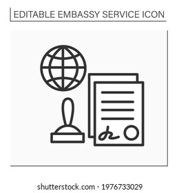 Notarial services line icon. Certified by notary public.Sign agreement. Appointed document with seal. Embassy service concept. Isolated vector illustration. Editable stroke