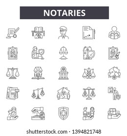 Notaries line icon signs.  Linear vector outline illustration set concept.