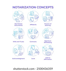 Iconos de concepto de gradiente azul de notarización. Contrato de negocios, servicios notariales. Voluntad y confianza. Paquete de iconos. Imágenes vectoriales. Ilustraciones de forma redonda para infografía, presentación. idea Abstractas