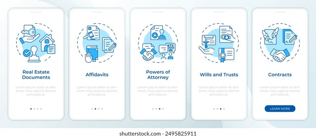 Notarización documentos azul onboarding pantalla del App móvil. Tutorial 5 pasos: instrucciones gráficas editables con conceptos lineales. UI, UX, Plantilla GUI