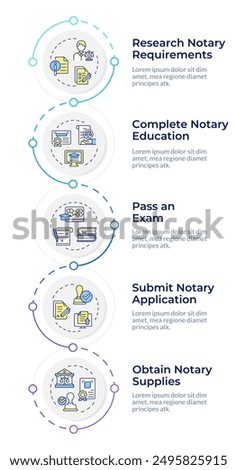 Notarization education infographic design template. Notary supplies, law exam. Data visualization 5 options. Process vertical flow chart