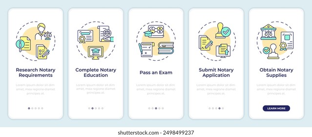 Notarization graduation onboarding mobile app screen. Walkthrough 5 steps editable graphic instructions with linear concepts. UI, UX, GUI template