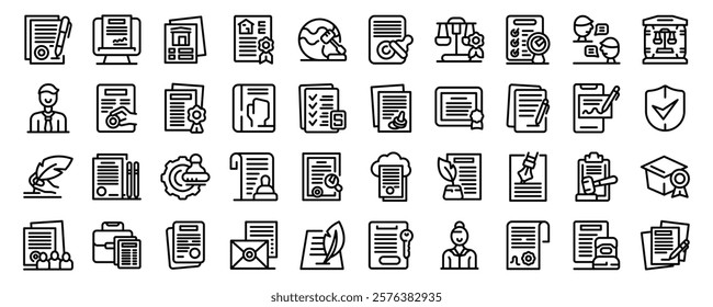  Notarization icons set. Icons depicting various aspects of legal documentation, including signing, authorizing, verifying, and managing agreements