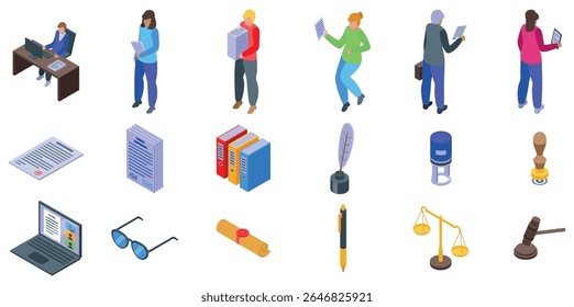  Notarization icons set. Notary public working with legal documents, using laptop, binders, quill, stamp, and scales of justice