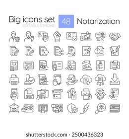 Notarization linear icons set. Document authenticity. Documentation processing, signing. Person verification. Customizable thin line symbols. Isolated vector outline illustrations. Editable stroke