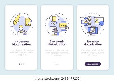 Notarization methods onboarding mobile app screen. Walkthrough 3 steps editable graphic instructions with linear concepts. UI, UX, GUI template