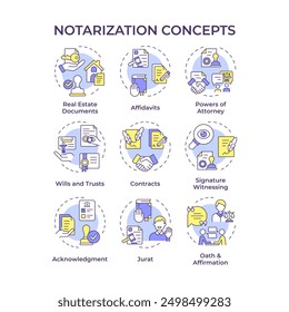 Notarización de iconos de concepto multicolor. Contrato de negocios, servicios notariales. Voluntad y confianza. Paquete de iconos. Imágenes vectoriales. Ilustraciones de forma redonda para infografía, presentación. idea Abstractas