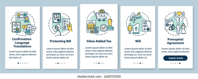 Notarization onboarding mobile app page screen with concepts. Prenuptial agreement, will. Protesting bill. Walkthrough five steps graphic instructions. UI vector template with RGB color illustrations