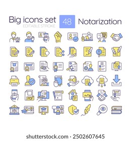 Notarization RGB color icons set. Notary services, person identification. Contract statement, documentation. Isolated vector illustrations. Simple filled line drawings collection. Editable stroke