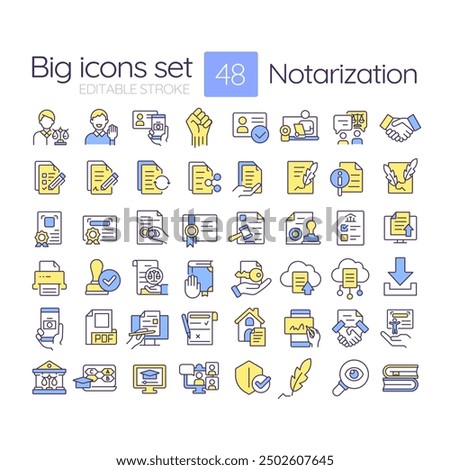 Notarization RGB color icons set. Notary services, person identification. Contract statement, documentation. Isolated vector illustrations. Simple filled line drawings collection. Editable stroke