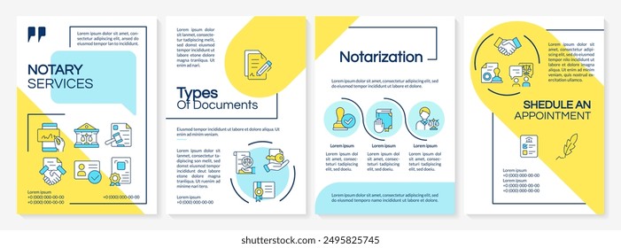 Servicio de Notarización Plantilla de folletos azul y amarillo. Diseño de folleto con iconos lineales. Editable 4 diseños de Vector para presentación, informes anuales