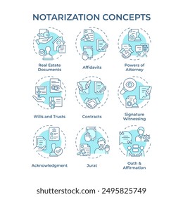 Iconos de concepto de notarización azul suave. Negocios por contrato, servicios de notaría. Voluntad y confianza. Paquete de iconos. Imágenes vectoriales. Ilustraciones de forma redonda para infografía, presentación. idea Abstractas