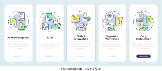 Notarization types onboarding mobile app screen. Walkthrough 5 steps editable graphic instructions with linear concepts. UI, UX, GUI template