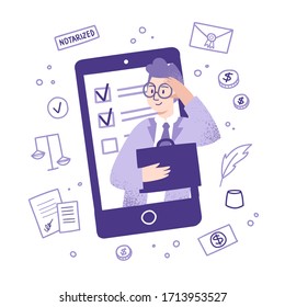 Notary And Attorney Professional Online Service, Man With Suitcase Landing Page Template. Character. Online Lawyer App. Money, Documents, Scales And Stamps Elements.  Cartoon Vector Illustration