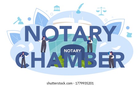 typografische Header der Notar-Kammer. Professioneller Rechtsanwalt Unterschrift und Legalisierung von Papier Dokument. Person, die Unterschriften auf dem Dokument gesehen hat. Einzelne flache Vektorgrafik