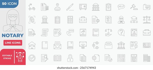 Notary Collection Icon Set. Editable Stroke Line. Vector illustration.