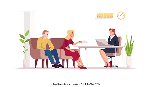 Notary consultation semi flat RGB color vector illustration. Wife and husband visit attorney. Help with documentation. Lawyer with customers isolated cartoon character on white background