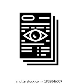 documento notario que lee el vector de icono de glifo. signo de lectura de documento notarial. símbolo de contorno aislado ilustración negra