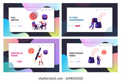 Notar Dokumente Autorisierung, Anwalt Professional Service Landing Page Template Set. Persönlichkeiten besuchen Anwaltsbüro für Unterschrift und Legalisierung Dokument. Illustration zur Cartoon-Vektorillustration