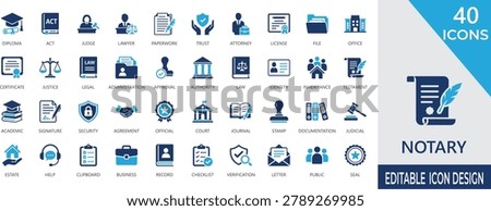 Notary fill icon set with document, legal, approval, contract, record, certification, seals, and justice glyph icons.