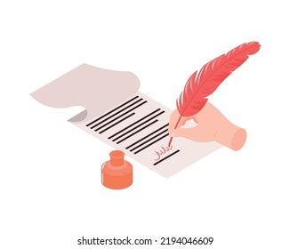 Notary hand signing document with feather and ink 3d isometric icon vector illustration