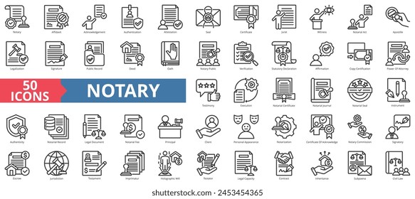 Notary icon collection set. Containing affidavit, acknowledgement, authentication, attestation, seal, certificate, jurat icon. Simple line vector.