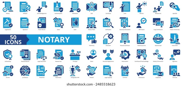 Notary icon collection set. Containing affidavit, acknowledgement, authentication, attestation, seal, certificate, jurat icon. Simple flat vector.