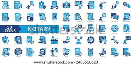 Notary icon collection set. Containing affidavit, acknowledgement, authentication, attestation, seal, certificate, jurat icon. Simple flat vector.