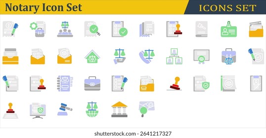 Notary Icon Set. Containing Administrative,Agreement,Court,Dwelling,Family Law,Gavel,Investigation,Justice,Notary,Rubber Stamp,Signature,Stamp,Subpoena. Flat Style