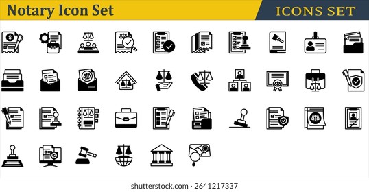 Notary Icon Set. Containing Administrative,Agreement,Court,Dwelling,Family Law,Gavel,Investigation,Justice,Notary,Rubber Stamp,Signature,Stamp,Subpoena. Mixed Style