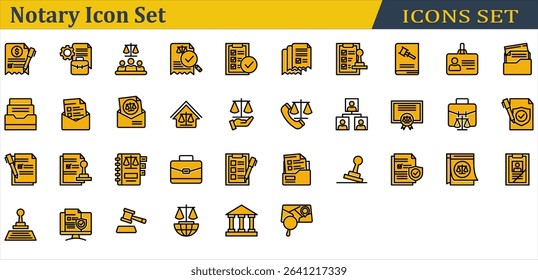Notary Icon Set. Containing Administrative,Agreement,Court,Dwelling,Family Law,Gavel,Investigation,Justice,Notary,Rubber Stamp,Signature,Stamp,Subpoena. Solid Color Lineal Style