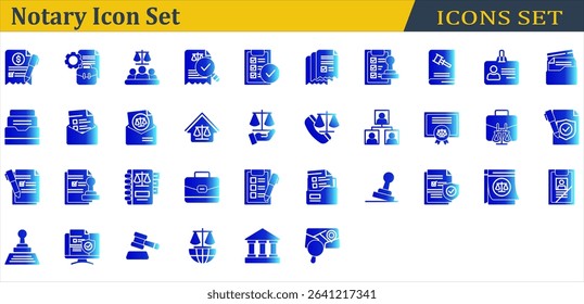 Notary Icon Set. Containing Administrative,Agreement,Court,Dwelling,Family Law,Gavel,Investigation,Justice,Notary,Rubber Stamp,Signature,Stamp,Subpoena. Solid Gradient Style