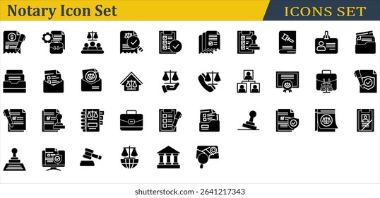 Notary Icon Set. Containing Administrative,Agreement,Court,Dwelling,Family Law,Gavel,Investigation,Justice,Notary,Rubber Stamp,Signature,Stamp,Subpoena. Solid Style