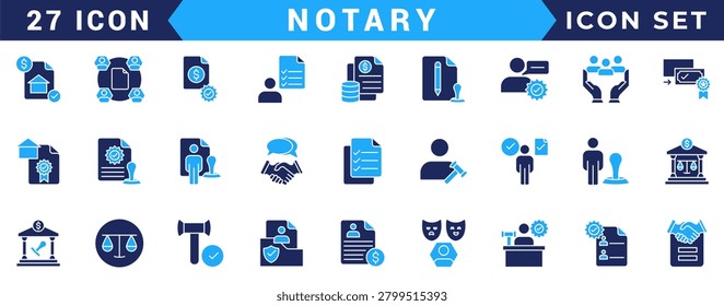 Notary icon set. Includes affidavit,acknowledgement, authentication, attestation,seal, certificate, jurat and more. Vectorillustration with editable strokes