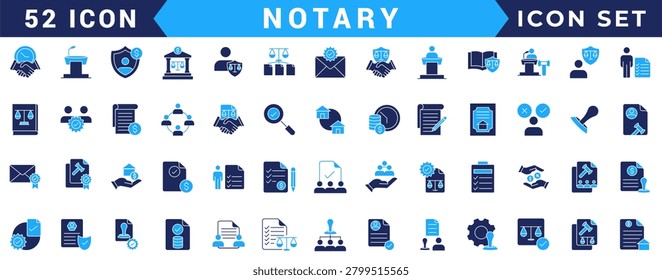 Notary icon set. Includes affidavit,acknowledgement, authentication, attestation,seal, certificate, jurat and more. Vectorillustration with editable strokes