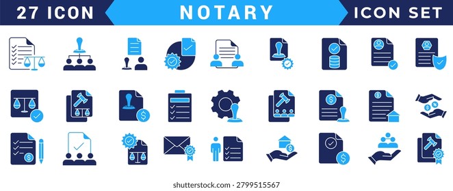 Notary icon set. Includes affidavit,acknowledgement, authentication, attestation,seal, certificate, jurat and more. Vectorillustration with editable strokes