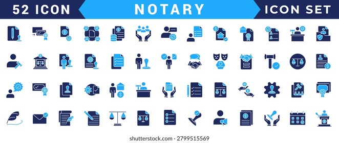 Notary icon set. Includes affidavit,acknowledgement, authentication, attestation,seal, certificate, jurat and more. Vectorillustration with editable strokes