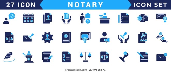 Notary icon set. Includes affidavit,acknowledgement, authentication, attestation,seal, certificate, jurat and more. Vectorillustration with editable strokes