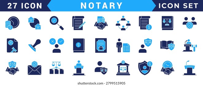 Notary icon set. Includes affidavit,acknowledgement, authentication, attestation,seal, certificate, jurat and more. Vectorillustration with editable strokes