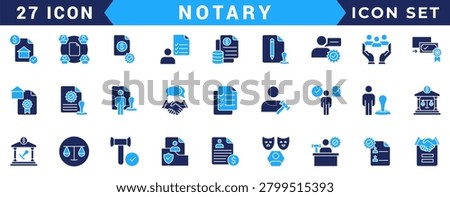 Notary icon set. Includes affidavit,acknowledgement, authentication, attestation,seal, certificate, jurat and more. Vectorillustration with editable strokes