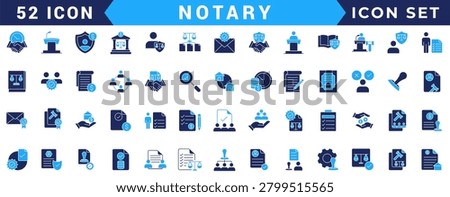 Notary icon set. Includes affidavit,acknowledgement, authentication, attestation,seal, certificate, jurat and more. Vectorillustration with editable strokes
