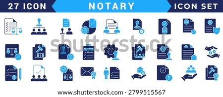 Notary icon set. Includes affidavit,acknowledgement, authentication, attestation,seal, certificate, jurat and more. Vectorillustration with editable strokes